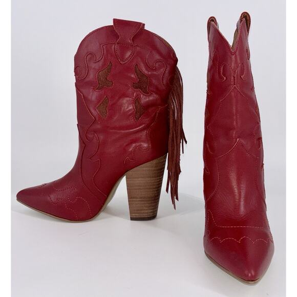 Dingo Red Lady’s Night Women’s Boots Red 9 Leather Fringe Cut Out MINT CONDITION - Picture 2 of 13